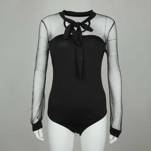 2019 Summer Women's Long Sleeves Tulle Bodysuit Leotard Black Tops Jumpsuit Perspective Stitching Lace-up Jumpsuit