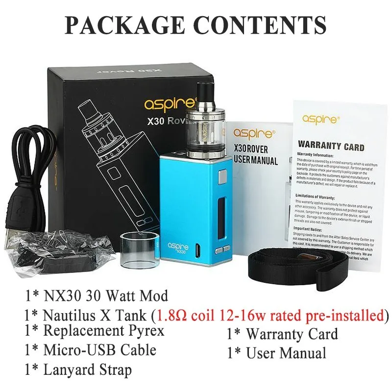 Оригинальная электронная сигарета Aspire X30 Rover Kit с баком атомайзера Nautilus X