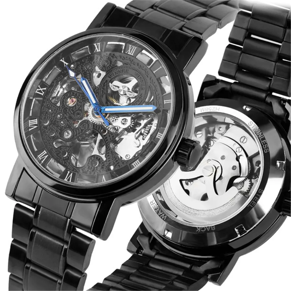 

Black Stainless Steel Watches Men Mechanical Automatic Watch Men Skeleton Creative Relogio Masculino Male Clock Gifts 2019 New
