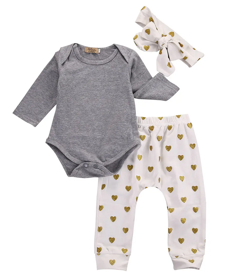 Cute Infant Toddler Baby Girl Boy Romper Long Sleeve Tops + Long Pants Headband 3PCS Clothes Set Cute Outfits