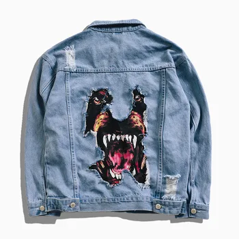 

Men's Hip Hop Denim Jacket Funny Dog Printed Broken Hole Jean Jacket Spring Autumn Streetwear Coat for Couples