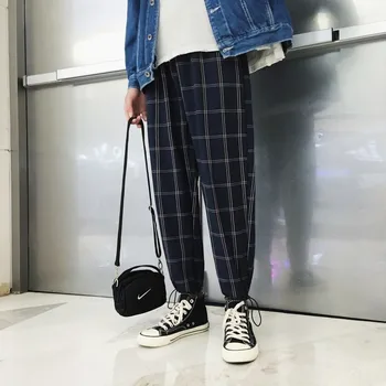 

2018 Korean Autumn Men's Fashion Tide Lattice Printing Thicken Pants Elastic Waist Loose Casual Black/blue Color Trousers M-2XL