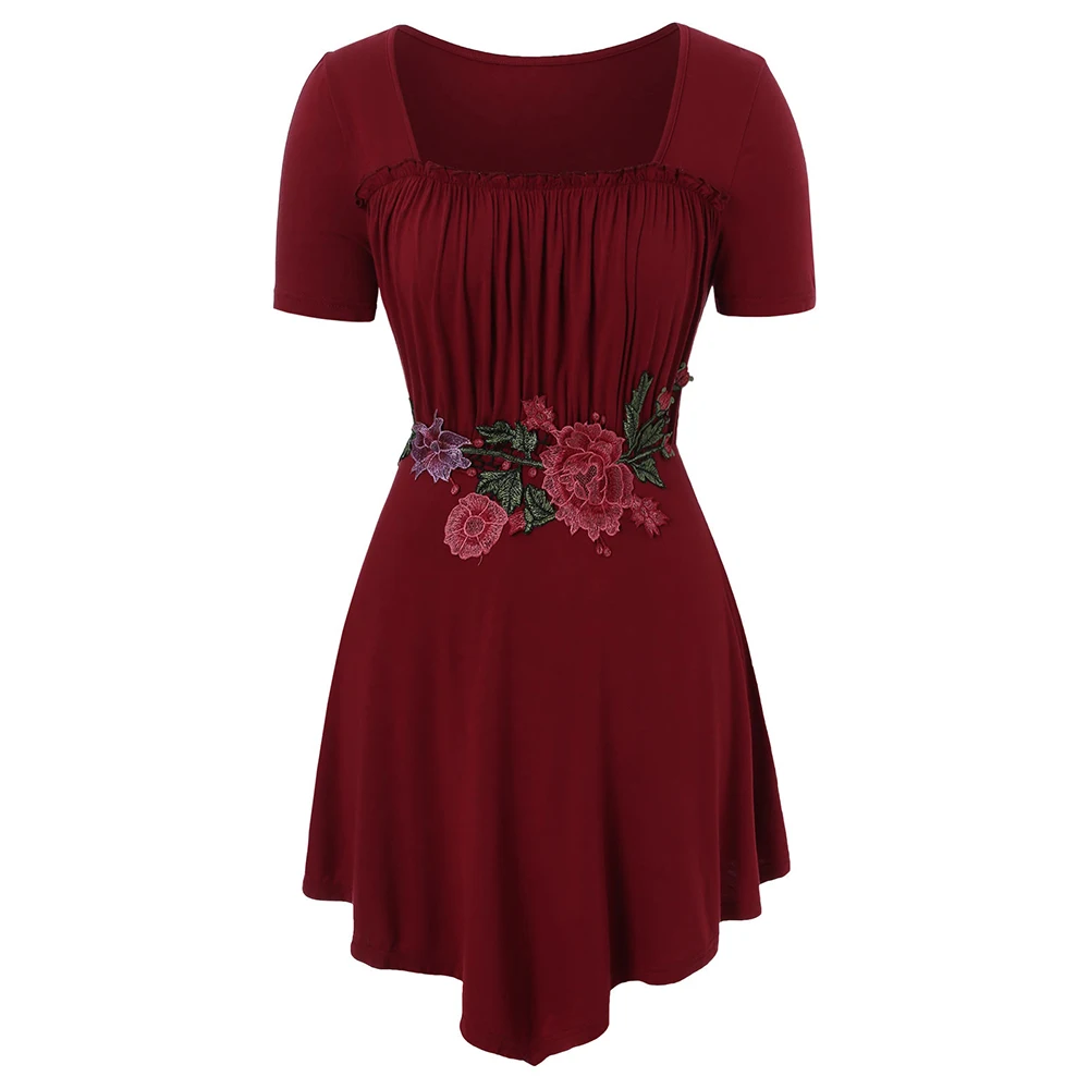 

ROSEGAL Plus Size Women T-Shirts Floral Embroidery Long Summer Tops Square Neck Vintage High Wasit Tees Aesthetic Clothes 5XL