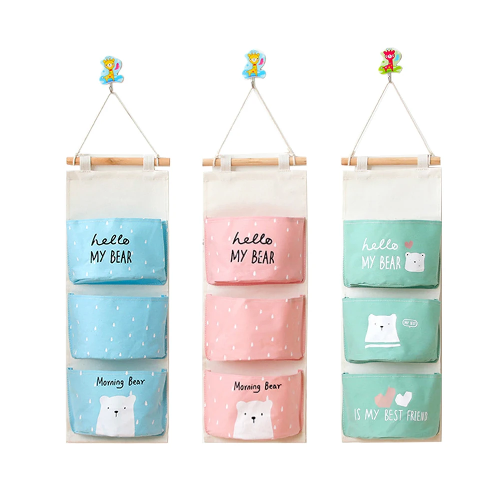 Cotton Linen Wall Hanging Storage Bags 3 Pockets Wall Mounted Wardrobe Hang Bag for Toys Books