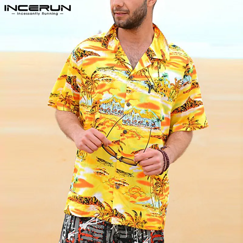 

INCERUN Tropical Chemise Camisa Hawaiian Clothes Men Shirts Dress Floral Beach Shirt Short Sleeve Lapel Collar Loose Button Tee