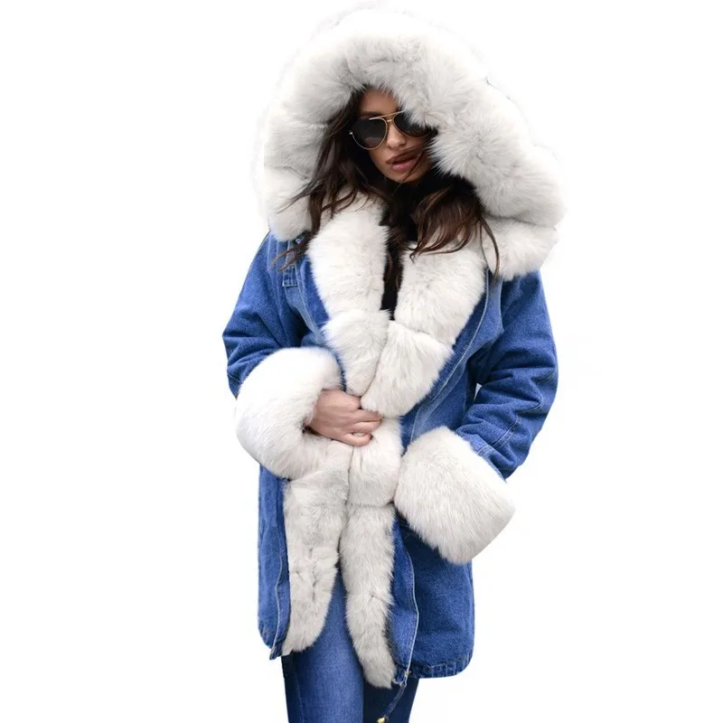 Ruiyige 2018 New Denim Parkas Women Winter Coat Cotton Female Winter Jacket Womens Fur Hood Outwear Female Fashion Denim Coats