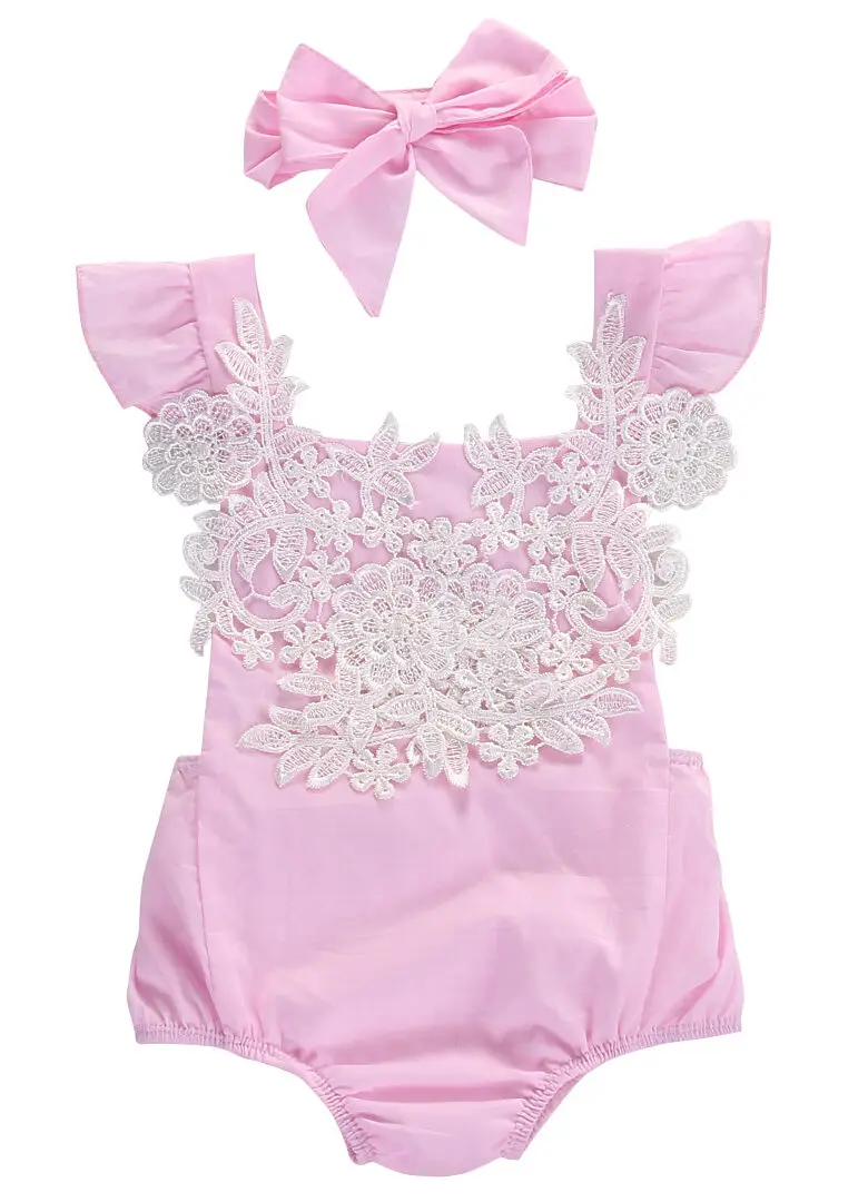 

Hot Lovely Cute Newborn Infant Baby Girl Clothes Pink Lace Floral Romper+Headband Outfits Sunsuit 0-18M