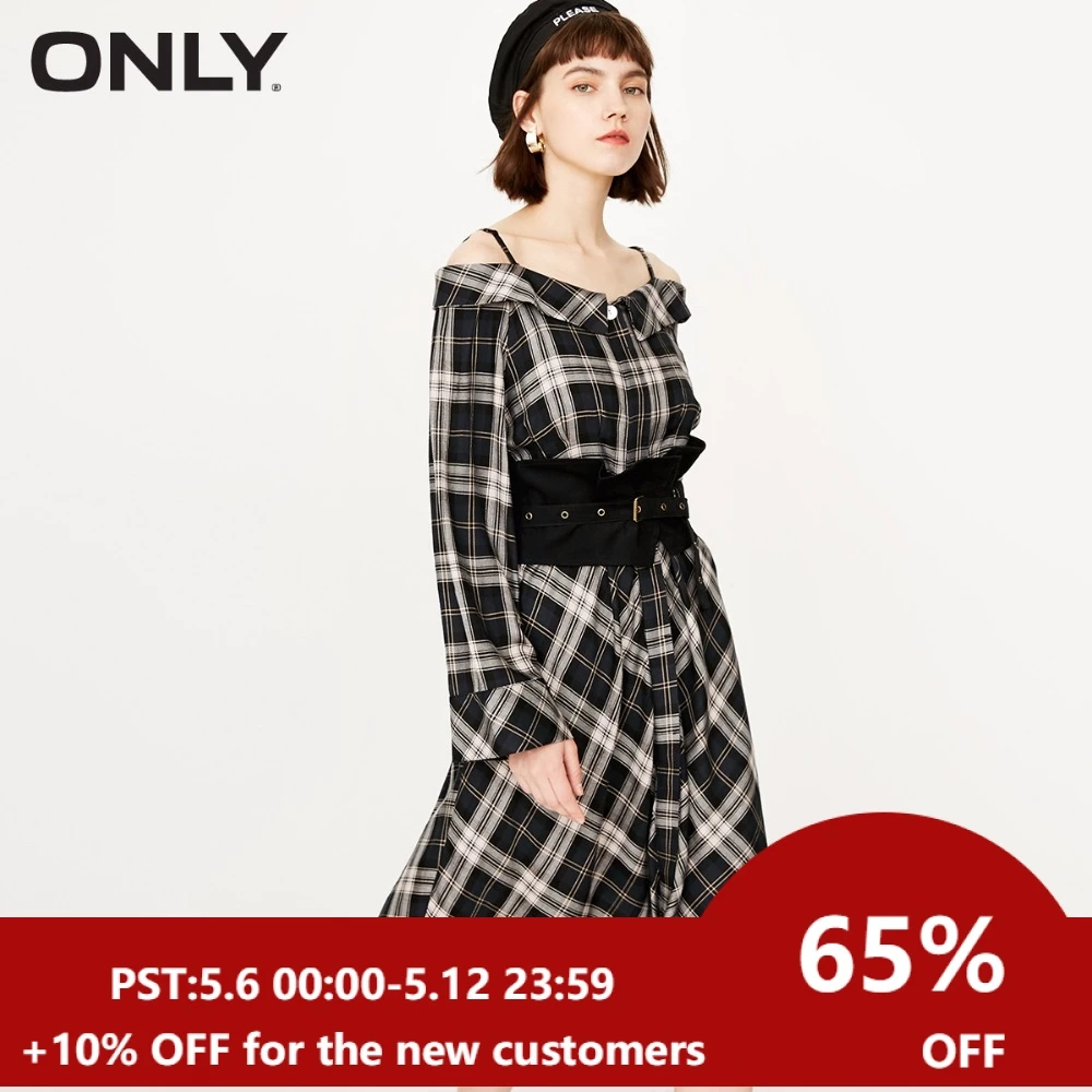 

ONLY 2018 Board neck check long-sleeves dress female |118307516