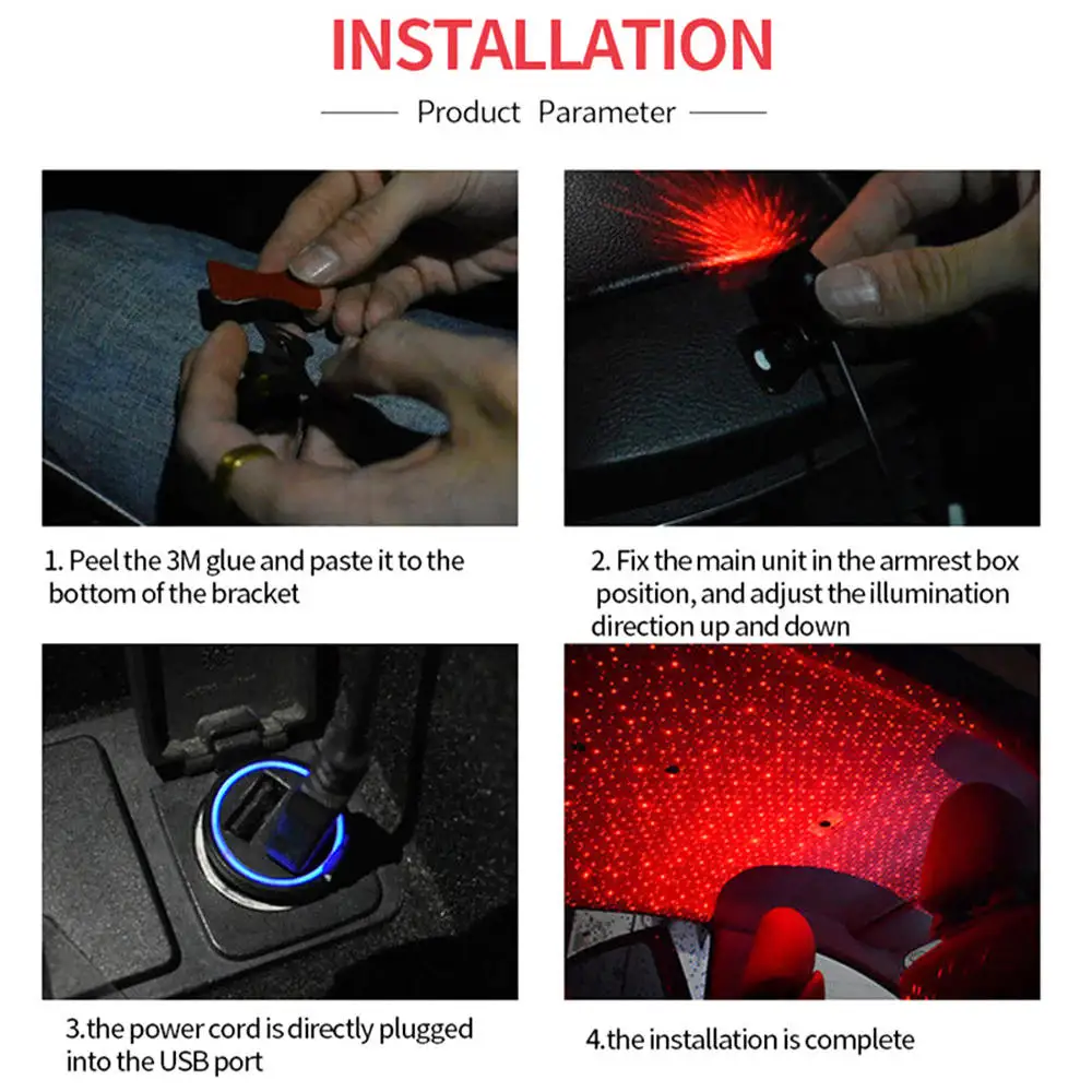 Meteor Star Red LED Car Ambient Ceiling Light USB Interior Galaxy Lamp Projector