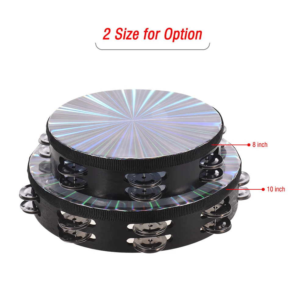 8"/10" wooden radiant tambourine handbell hand drum with double row jingles reflective drum head percussion instrument