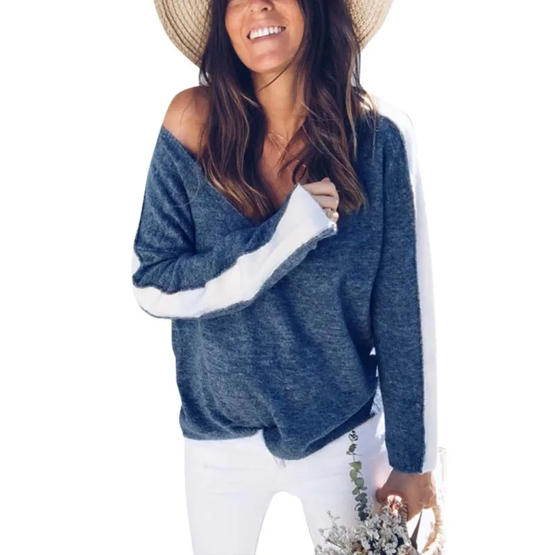 Autumn Sexy Sweater Women V Neck Knitted Female Winter Tops Patchwork Pullover Sweaters and Pullovers Ladies 40 | Женская одежда