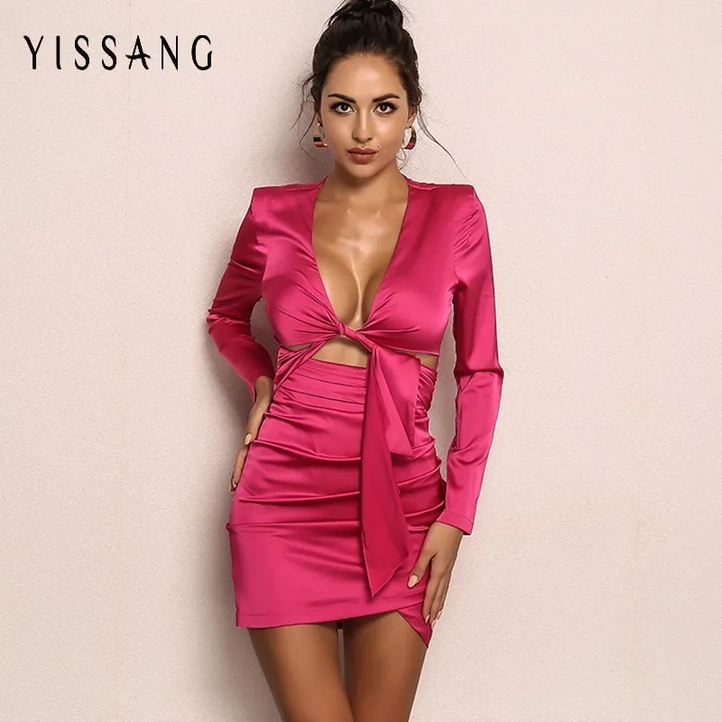 

Yissang Long Sleeve Party Dress Women High Waist V Neck Sexy Dresses 2018 Night Club Bodycon Autumn Summer Dress Ladies Vestidos