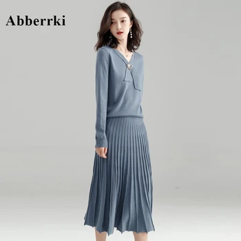 

2018 Autumn Women Wool Pullover Knitwear Outfits Caual Knitted Sweater Pleated Skirts Two Piece Set