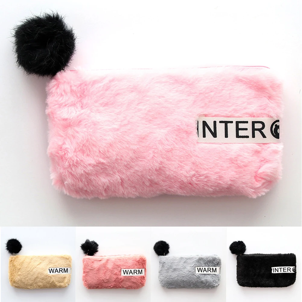 

Portable Plush Pen Bag Student Fashion Cute Hair Ball Zipper Pencil Case School Office Stationery Large Capacity Organizer ~