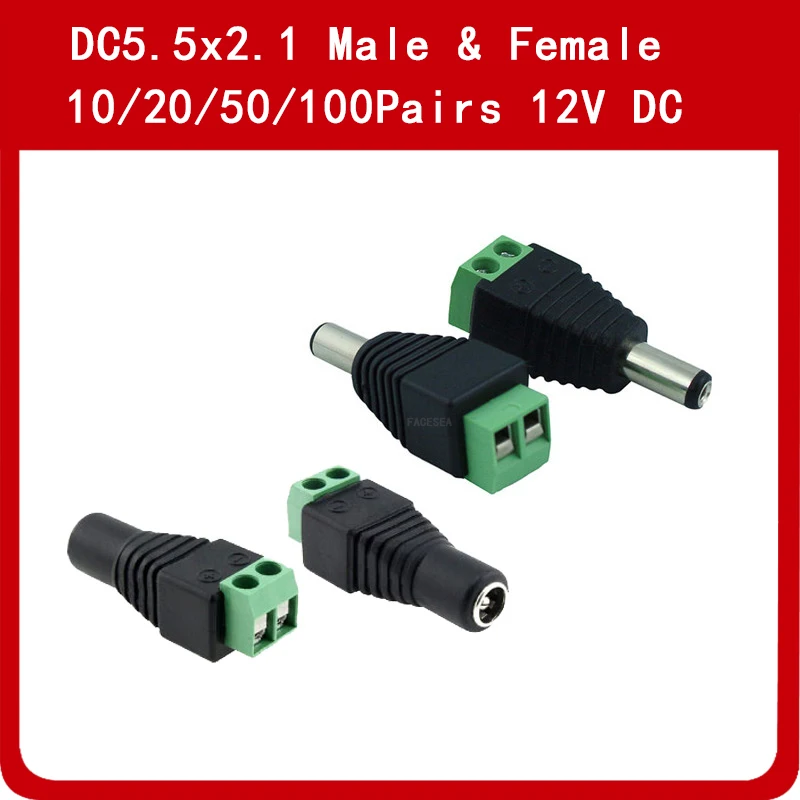 

10 ~ 100pairs 2.1mm x 5.5mm Male & Female DC12V Power Cable Jack Adapter Connector Plug for Led Strip CCTV Camera