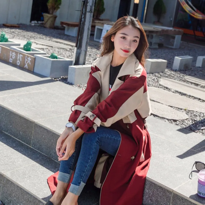 Manches Lâche Nouvelle Revers Hiver Coupe 2018 Occasionnel Mode Hit À ewq Couleurs Longues Color Ac43603 Automne Taille Patchwork Réglable De vent Femmes 0xpqAd6w