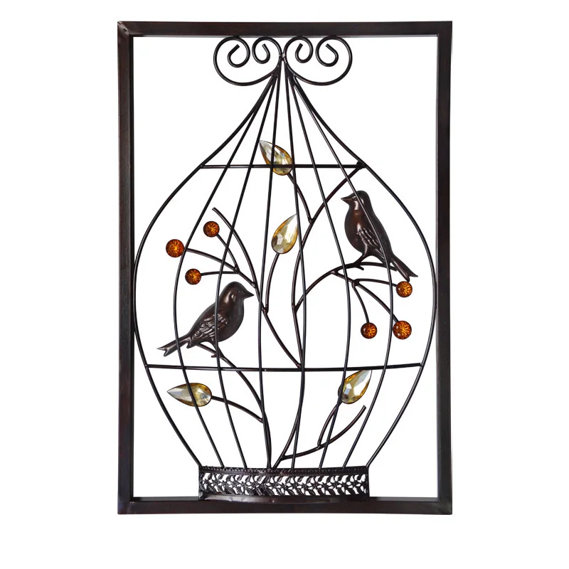 

Framed Metal Wrought Iron Wall Art Decor Sculpture Jeweled Bird Tree Birdcage clothing shop mural wall hangings