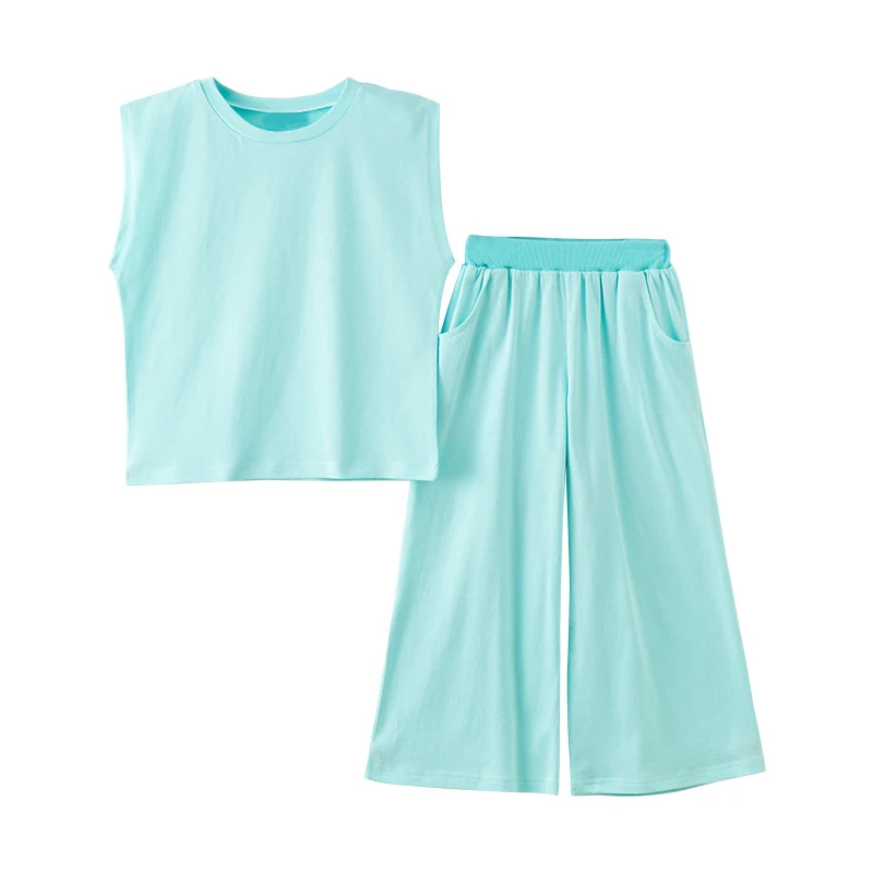 

green sleeveless 2pc sets teenage girls t-shirt+pants school outfits age for 4-16 yrs big girls simple chinese style summer sets