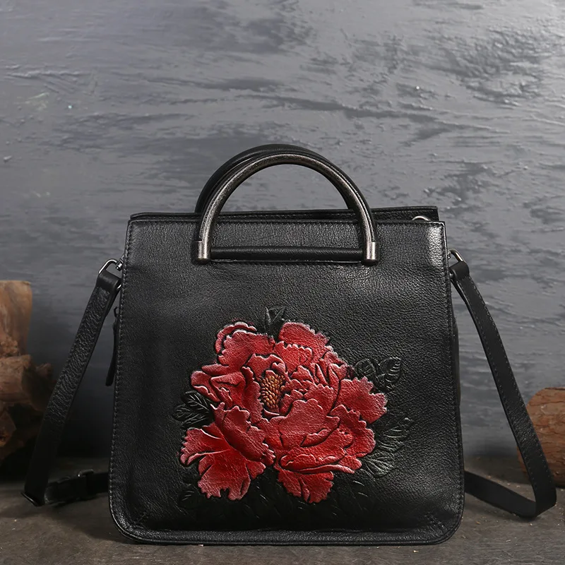 

High Quality Genuine Leather Women Bag Cross Body Peony Pattern Handbag Flap Female Embossed Tote Shoulder Messenger Bags