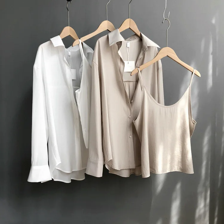 

Mooirue Summer 2019 Femme Boyfriend Blouse And Cami Wear Satin Gloss Twinset Long Loose Turn-down Collar Shirt