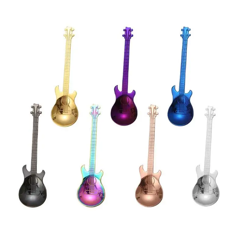 

1PC Rainbow Guitar Shape Coffee Mixing Spoon Cold Drink Tea Tools Stainless Steel Kitchen Accessories Ice Cream Dessert Scoop