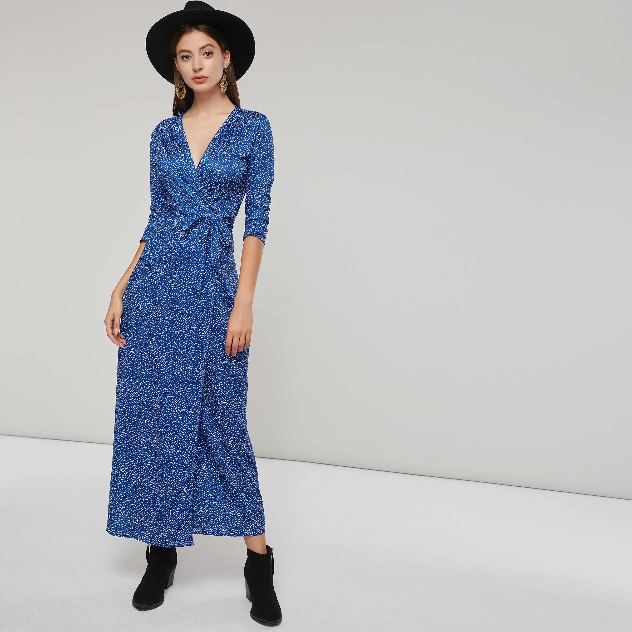 Для женщин макси платья Повседневное Boho синий прямой Высокая талия цветочный