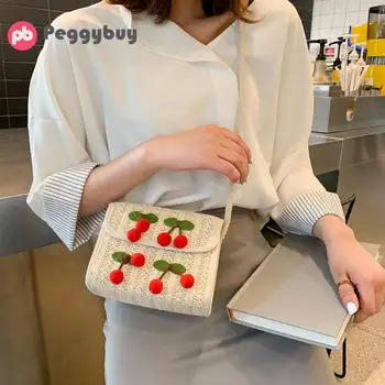 

Summer Cherry Straw Messenger Bags Women Crossbody Shoulder Bag Retro Rattan Straw Beach Bag Girls satchel shopping purse