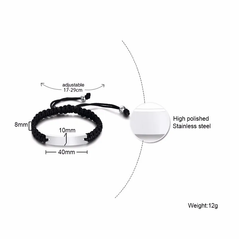Персонализированные плетеный веревочный браслет с нержавеющей сталью ID пластины браслеты в черном гравируемом Brackelts регулируемый
