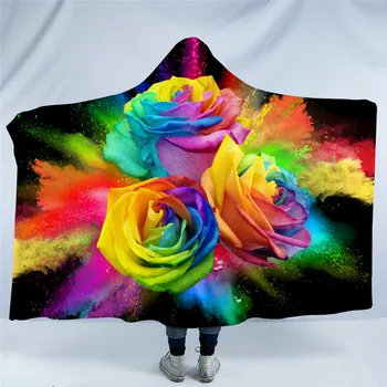 

Colorful Roses Hooded Blanket for Woman 3D Printed Floral Sherpa Fleece Wearable Kids Throw Blanket Microfiber