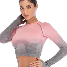 Сексуальная одежда для йоги женский бесшовный пупок с длинным рукавом градиентные рубашки для йоги тренировка Бег Спорт укороченный Топ Спортивная одежда