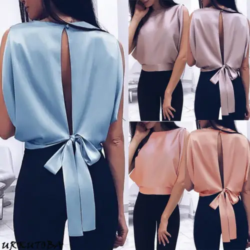 

Fashion Women Summer Bowknot O-neck Vest Top Sleeveless Short Casual Tank Tops T-Shirt