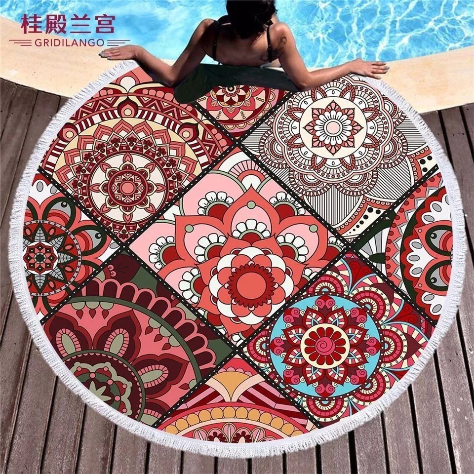 

GRIDILANGO Mandala Bohemian Color Round Beach Towel For Adult Microfiber Swimming Travel Blanket Geometric Bath Towel