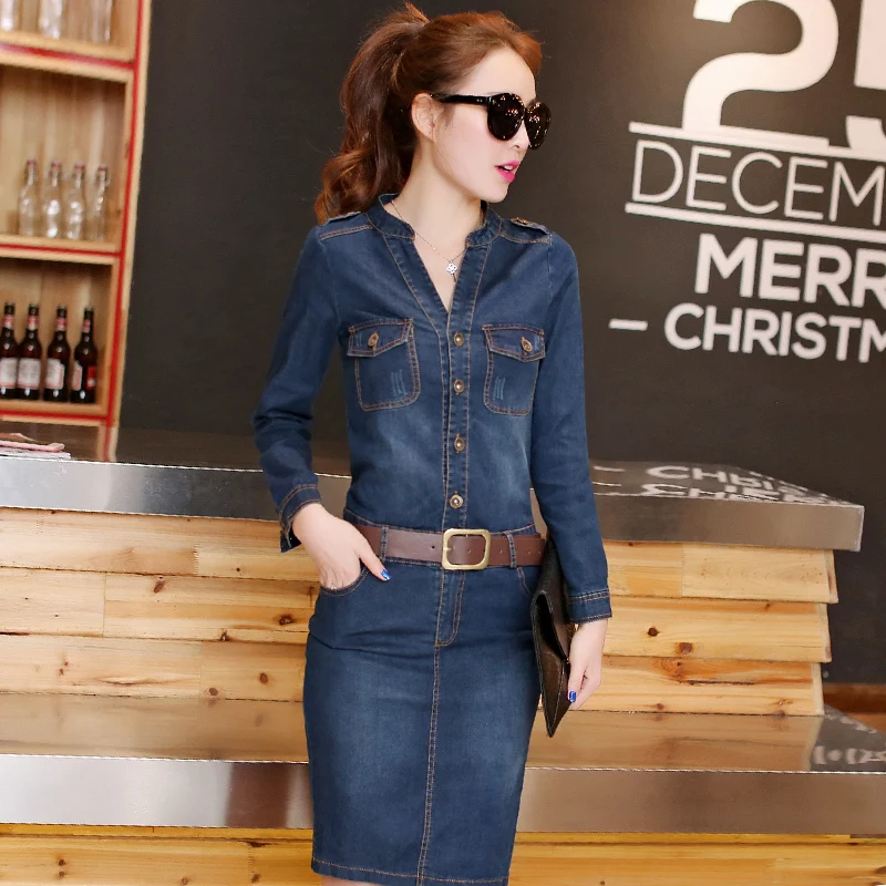 #2460 Spring Autumn Denim Dress Women Long Sleeve Slim Casual ...