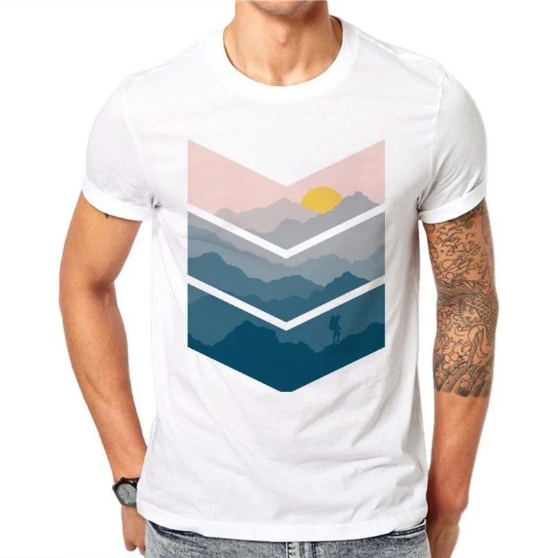 

2019 summer explosion men's natural scenery striped print t-shirt white casual comfortable short-sleeved shirt