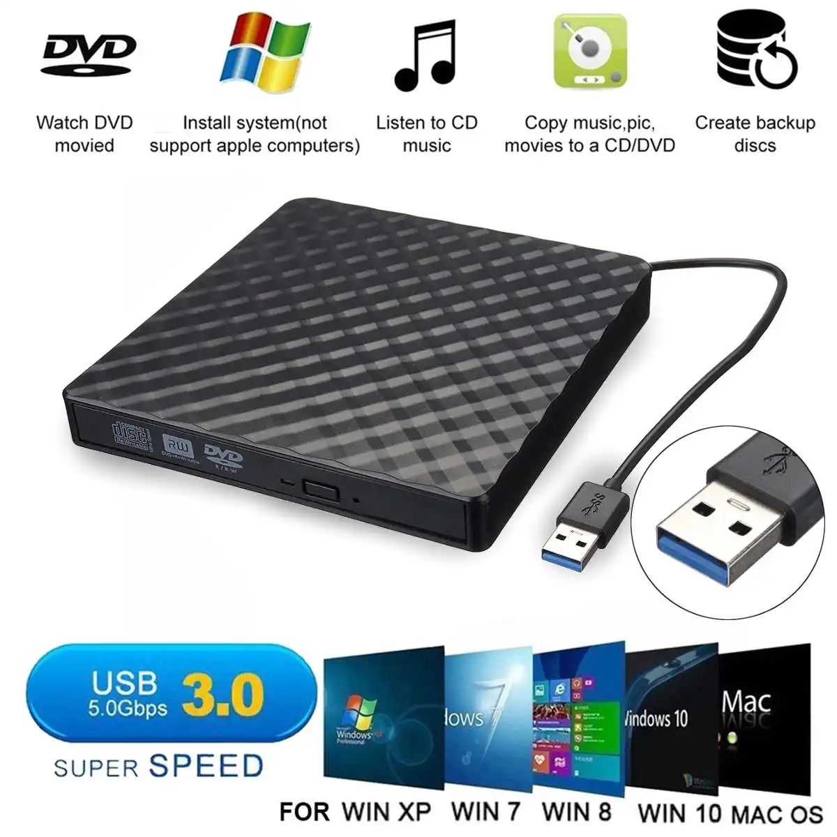 

External USB3.0 DVD RW CD Writer Slim Optical Drive Burner Reader Player Tray Type Portable For PC Laptop