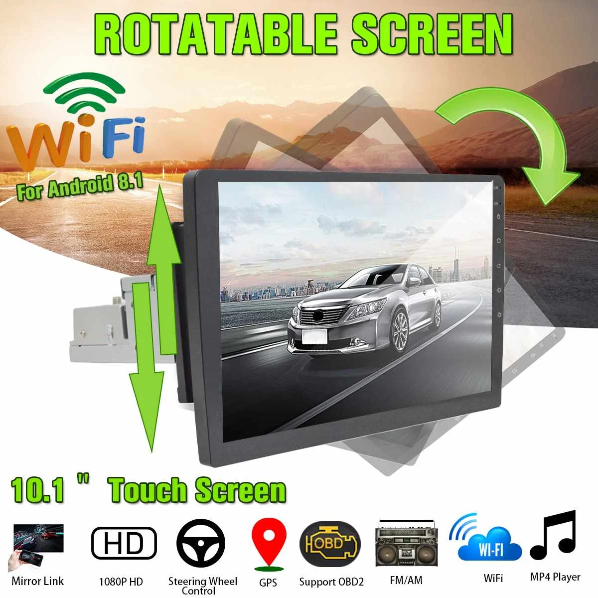 

10.1'' for Android 8.1 Car Multimedia Player Rotatable Face Panel Screen FM Radio Audio Car Stereo 1 Din GPS Wifi MP5 Player