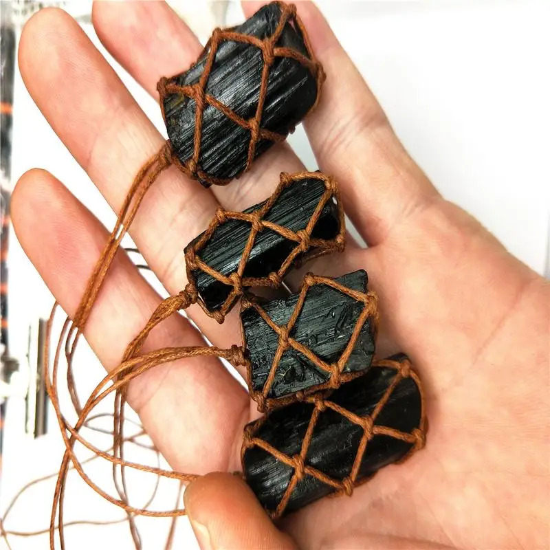 Natural Black Tourmaline Stone Pendant Crystal Hand-Woven Jet Stone Ore Radiation Protection Ornament Decoration