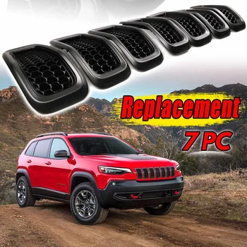 

ABS 7Pcs Grey Rings + Glossy Black grilles Front Grille Grill Inserts Grey Rings Covers For Jeep Cherokee 2014-2018