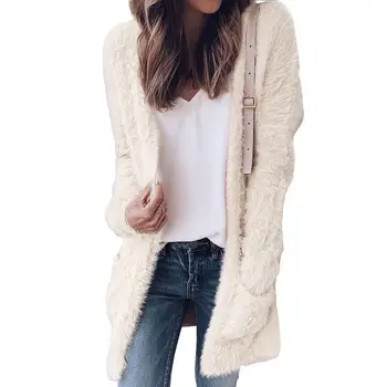

Women Winter Warm Fleece Blend Long Cardigan Jacket Ladies Casual Solid Loose Outerwear Tops Fluffy Coat
