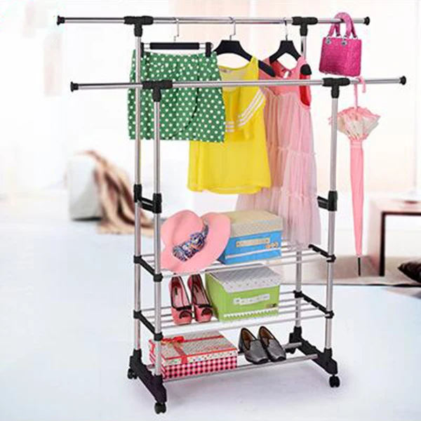  Heavy Duty Double Rail Adjustable Telescopic Rolling Clothing and Garment Rack Portable Hanger on W