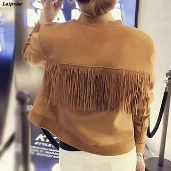 Chic Bomber Suede Fringed Jacket Slim O-Neck Faux Fur Coat Women Long-sleeved High Waist Single-breasted Pilot Splice Cardigan faux fur double breasted coat