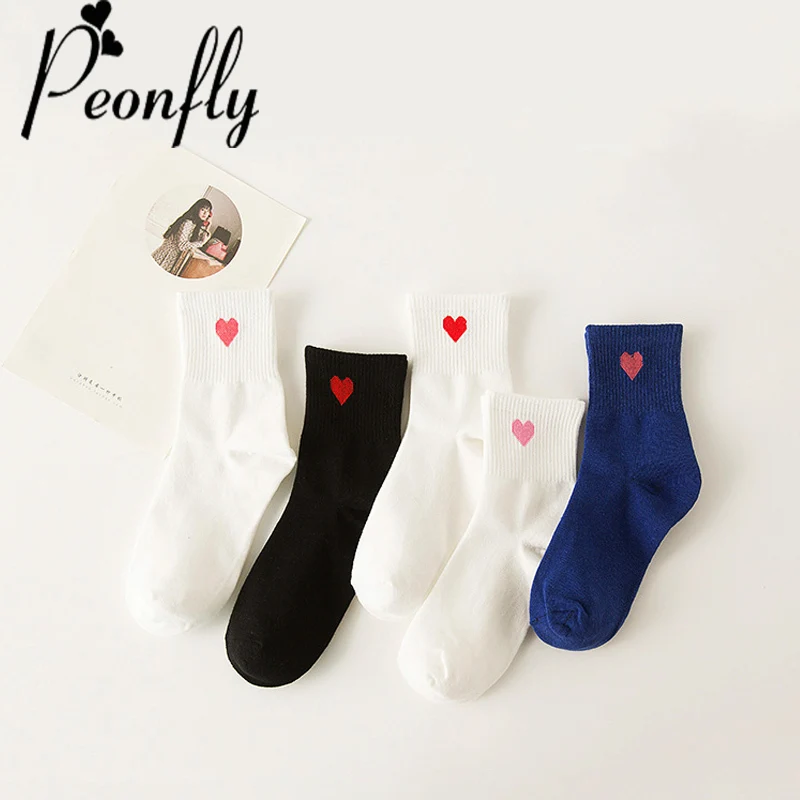 PEONFLY/5 Пар Модных забавных носков с котом, женские полосатые короткие носки с вышитыми сердечками, комфортный дышащий Повседневный хлопковый носок