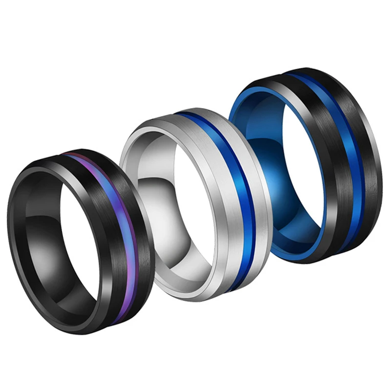 

Popular 1PC For Men Rainbow Groove Rings Stainless Steel Wedding Black Titanium 8MM Ring Jewelry Women