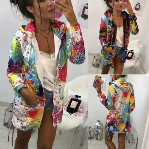 

Fashion Coat Women Autumn Winter Slim Outwear Long Coat Jacket Graffiti Print Hooded Casual Women Overcoat