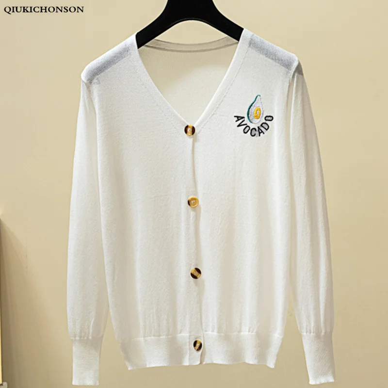 

Thin Korean Style Women Summer Cardigan Casual V-Neck Single Breasted Knitted Cardigans Embroidery Long Sleeve Knitwear mujer