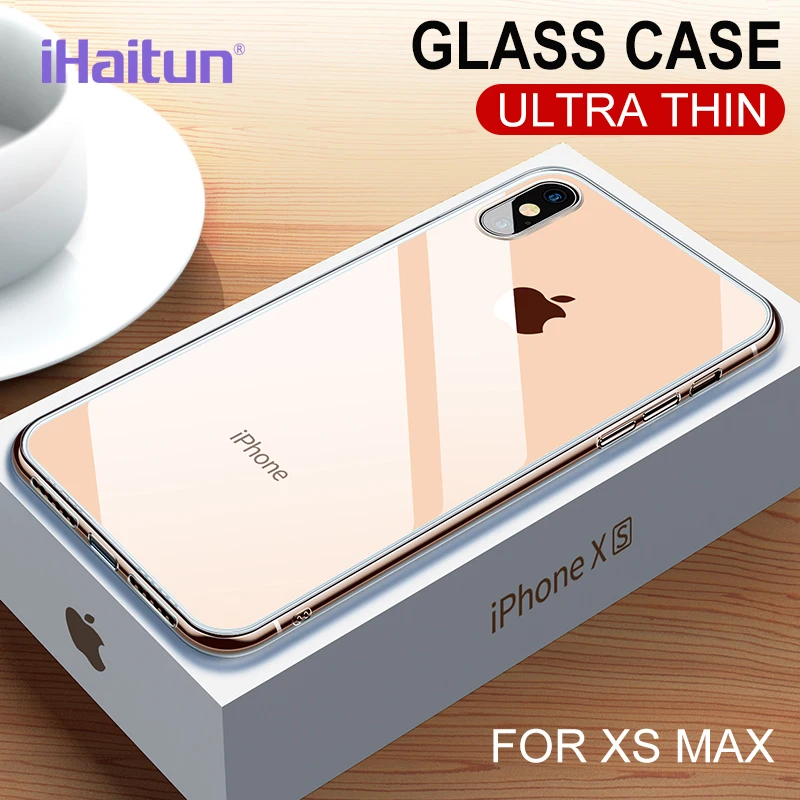 IHaitun الفاخرة الزجاج حالة ل فون XS ماكس XR X حالات رقيقة جدا شفافة عودة الغطاء الزجاجي للآيفون XS ماكس 7 8 X لينة حافة