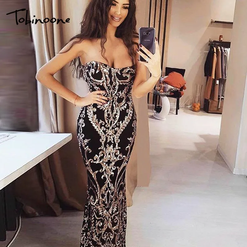 Tobinoone مطرزة حزب فساتين طويلة حمالة حورية البحر السيدات عارية الذراعين ماكسي اللباس الإناث طويلة أكمام ليلة غمد Vestidos
