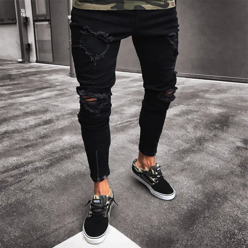 Мужские крутые дизайнерские брендовые черные джинсы, обтягивающие рваные Стрейчевые облегающие штаны в стиле хип-хоп с дырками для мужчин