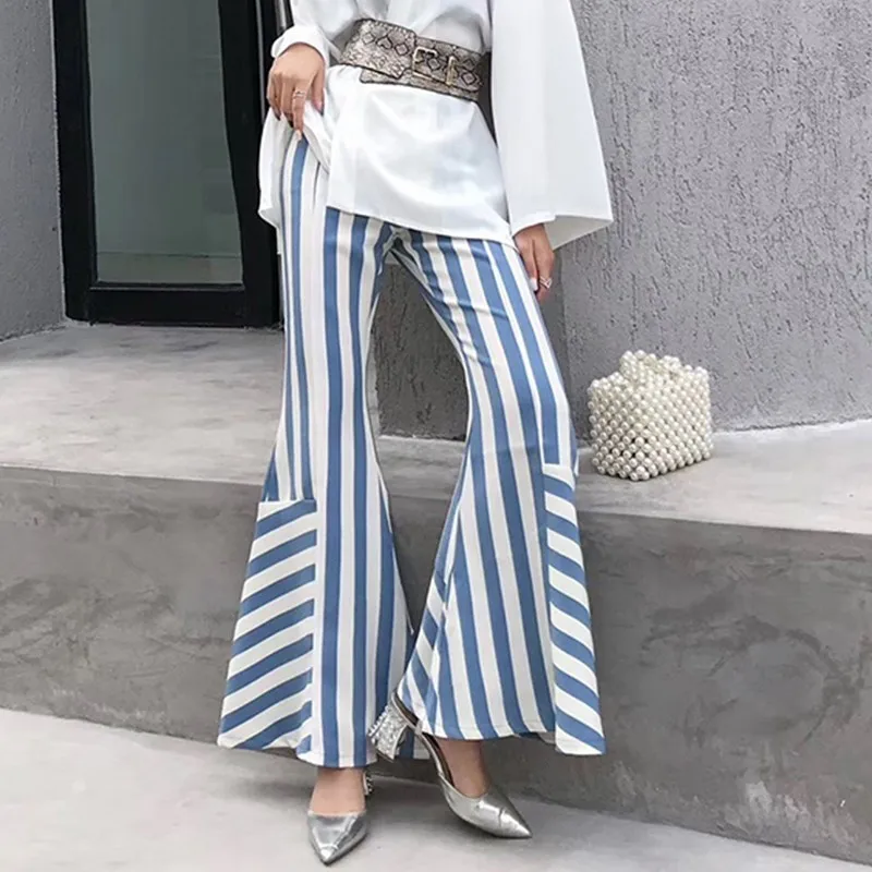Женские брюки в полоску TWOTWINSTYLE весенние Асимметричные Длинные клеш с высокой