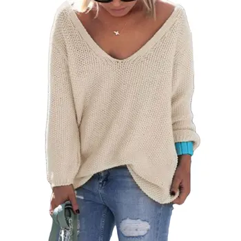 

Women Solid Color Pullover Sweater Knitte Fashion Warm Pullover Knitted Casual Long Sleeve Deep V-neck Loose Large Size Sweater